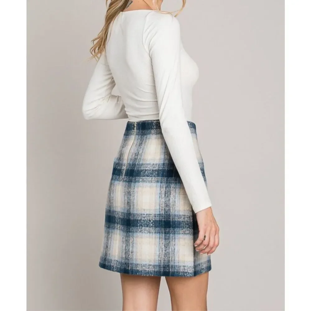 Navy tartan plaid wool skirt